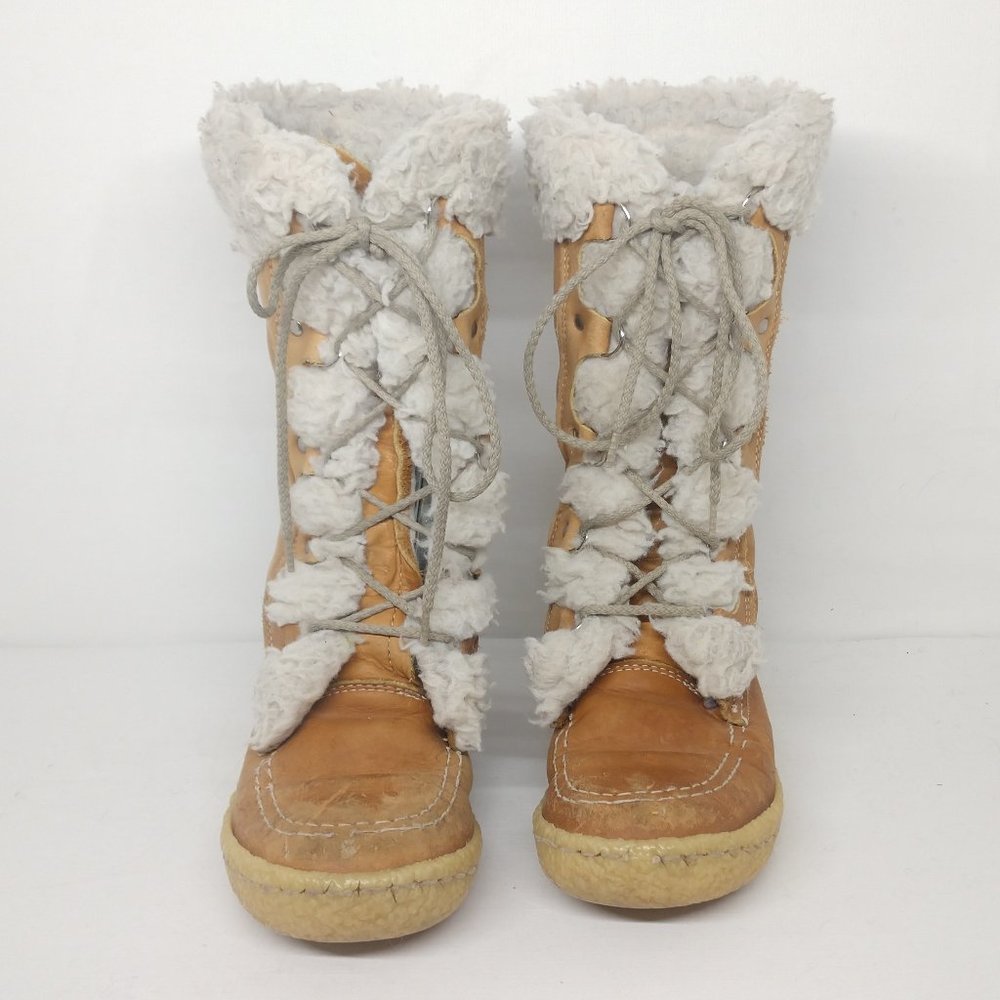 Vintage Cabelas Womens Size 8 Beige Leather Faux Fur Trim Lace Up Boots Gum Sole